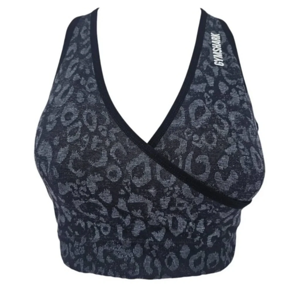 Gymshark Adapt Animal Crossover Back Sports Bra Leopard Black Grey Large